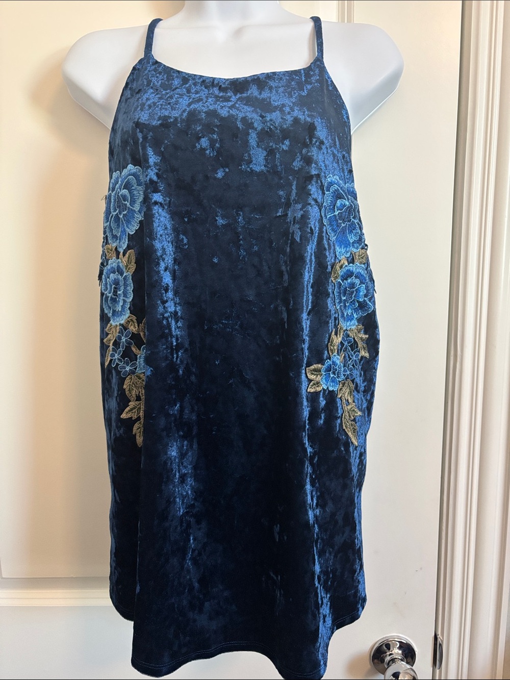 C Blue Velvet Floral Appliqué Tank Top XL #67T
